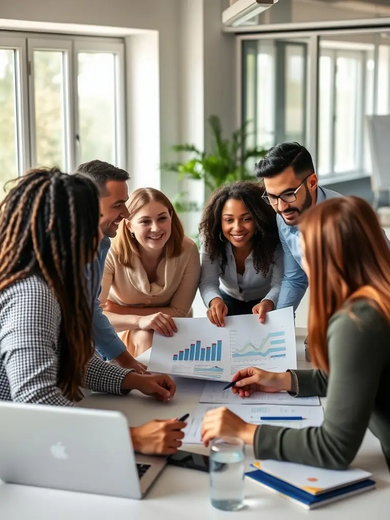 A group of entrepreneurs collaborating in a modern co-working space, emphasizing the community support aspect of Copilote by gow. The scene shows people discussing ideas and sharing resources.