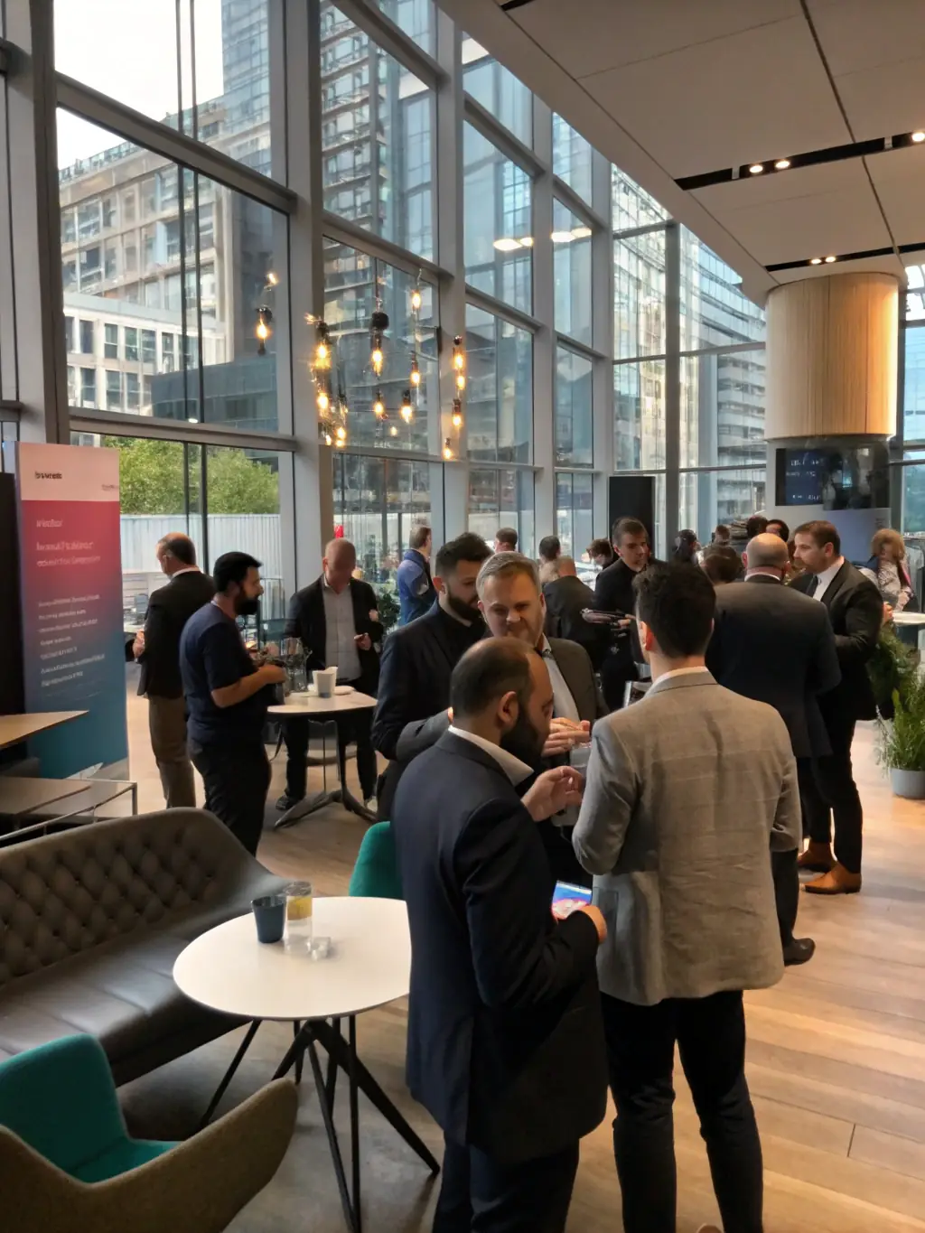 A professional networking event with entrepreneurs exchanging business cards and engaging in conversation, representing the networking opportunities available within the Copilote by GOW community.
