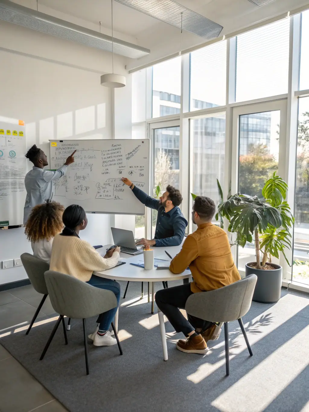 A diverse group of entrepreneurs collaborating on a shared whiteboard in a modern, sunlit co-working space, symbolizing peer support and knowledge sharing within the Copilote by GOW community.